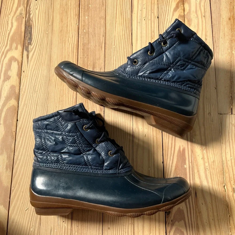 Sperry Saltwater Duck Boots Womens 11 Navy Blue Quilted Waterproof Rain Winter